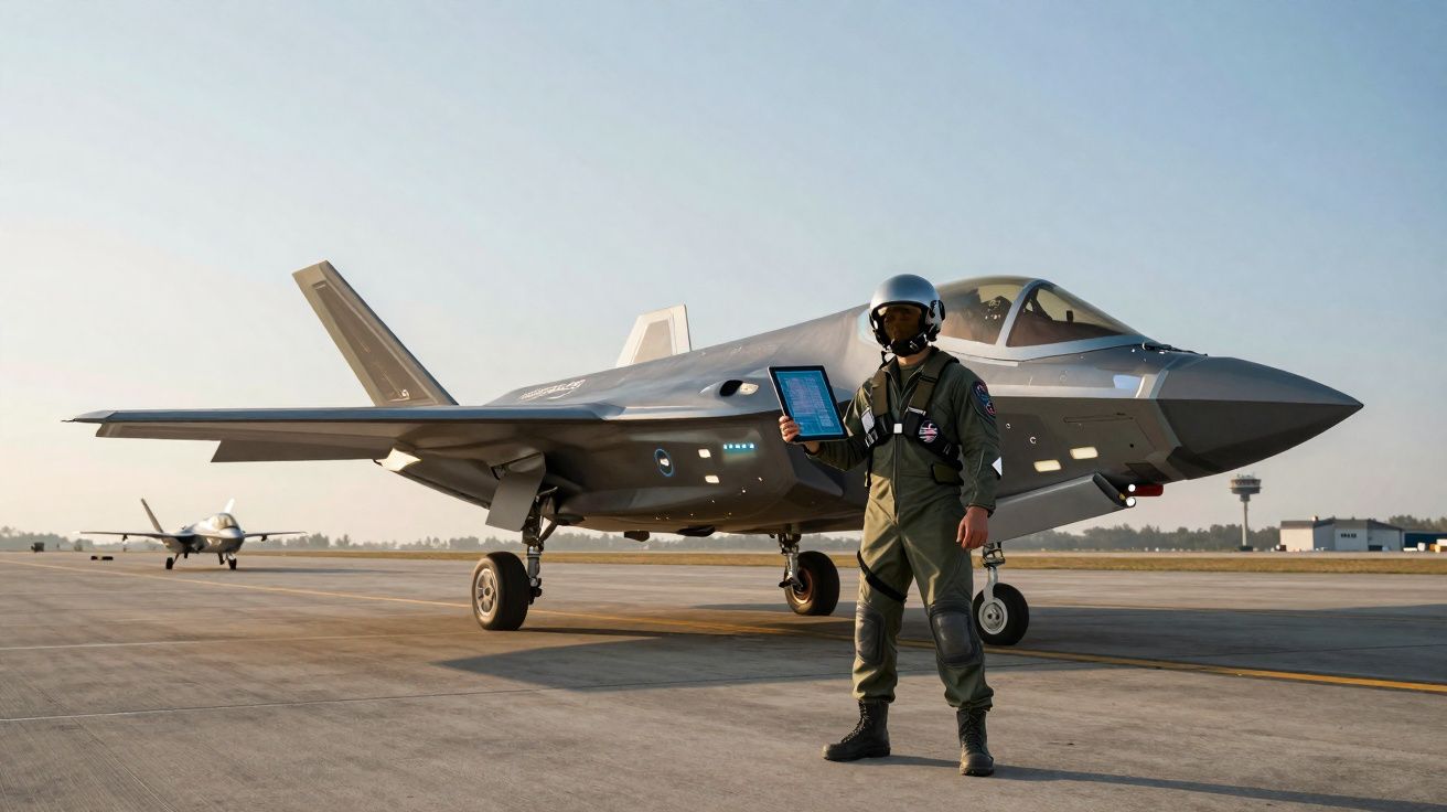 Piloto em equipamento de voo em frente a caça furtivo cinza estacionado em pista de aeroporto.