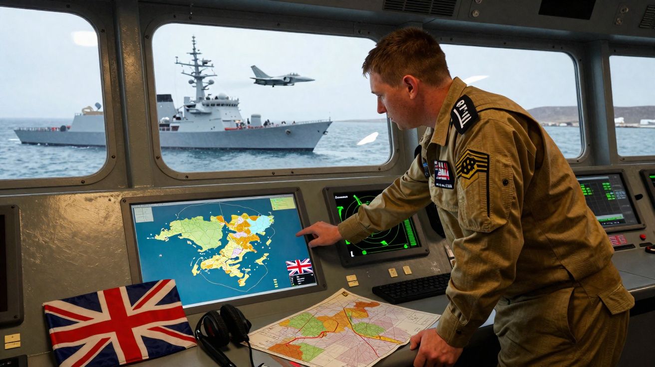 Militar britânico operando sistema de navegação em navio, com mapa digital, aeronave e navio de guerra ao fundo.