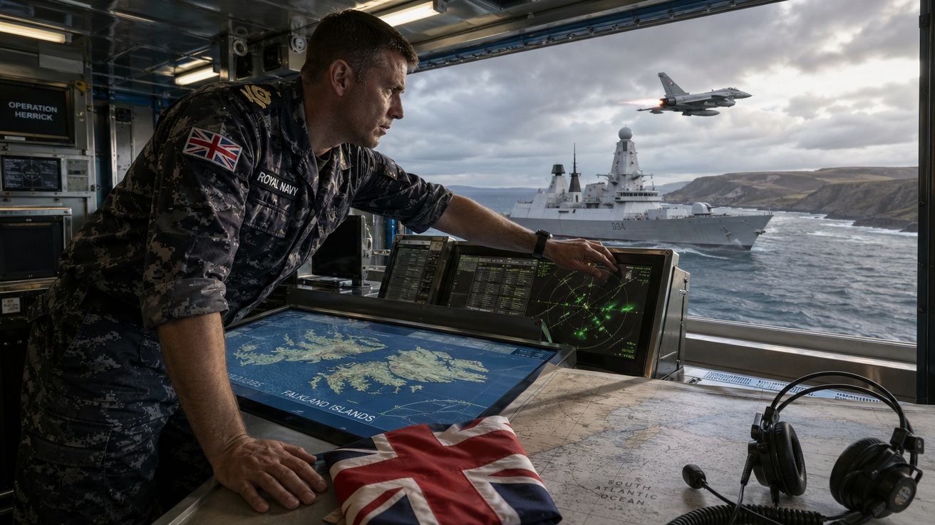 Oficial da Marinha britânica em um navio de guerra operando radares com avião de caça e fragata ao fundo no mar.