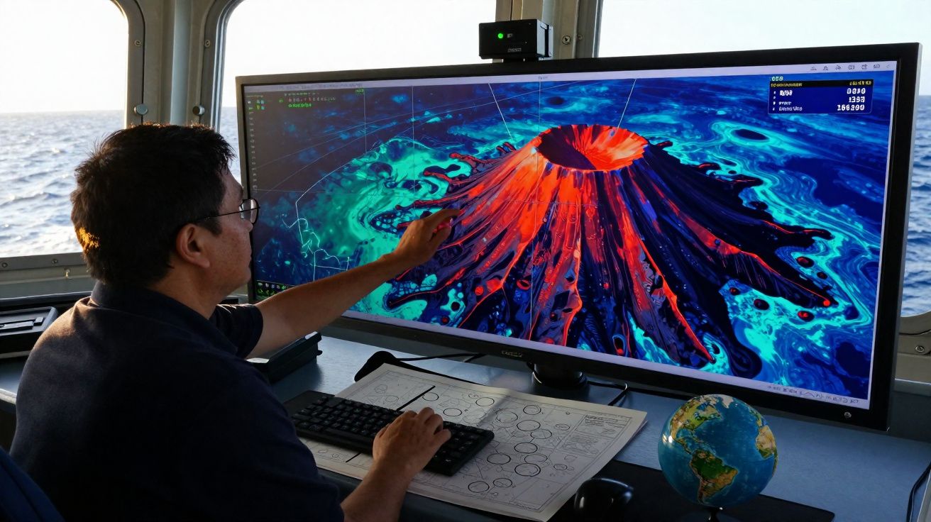 Homem analisando simulação digital colorida de vulcão em erupção em monitor grande dentro de uma sala com vista para o mar.