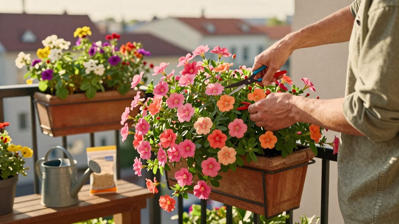 Pessoa podando flores rosas e laranja em vaso de planta na varanda com outras flores coloridas ao fundo.