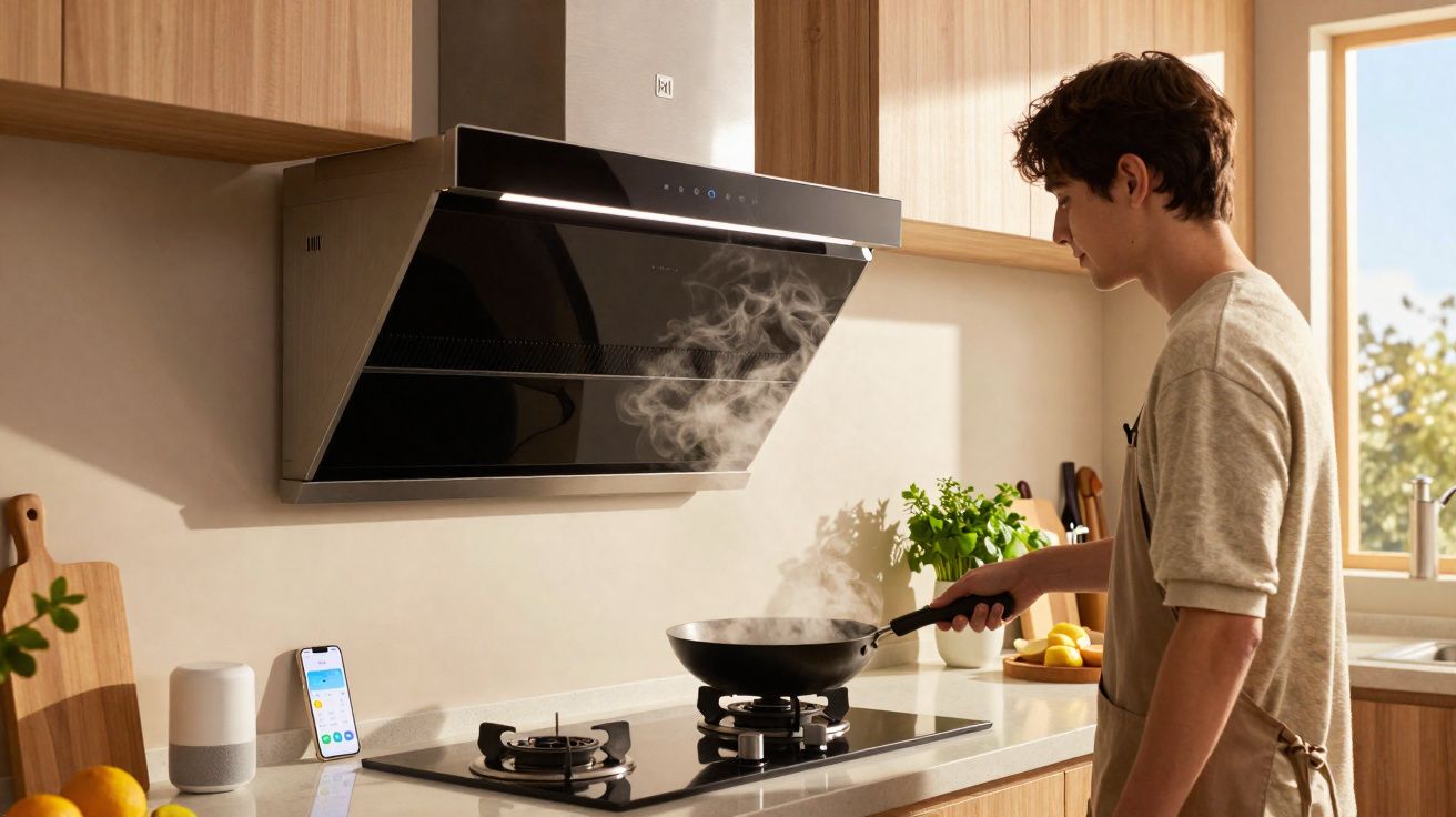 Jovem cozinhando em fogão a gás com depurador de ar preto e armários de madeira claros.