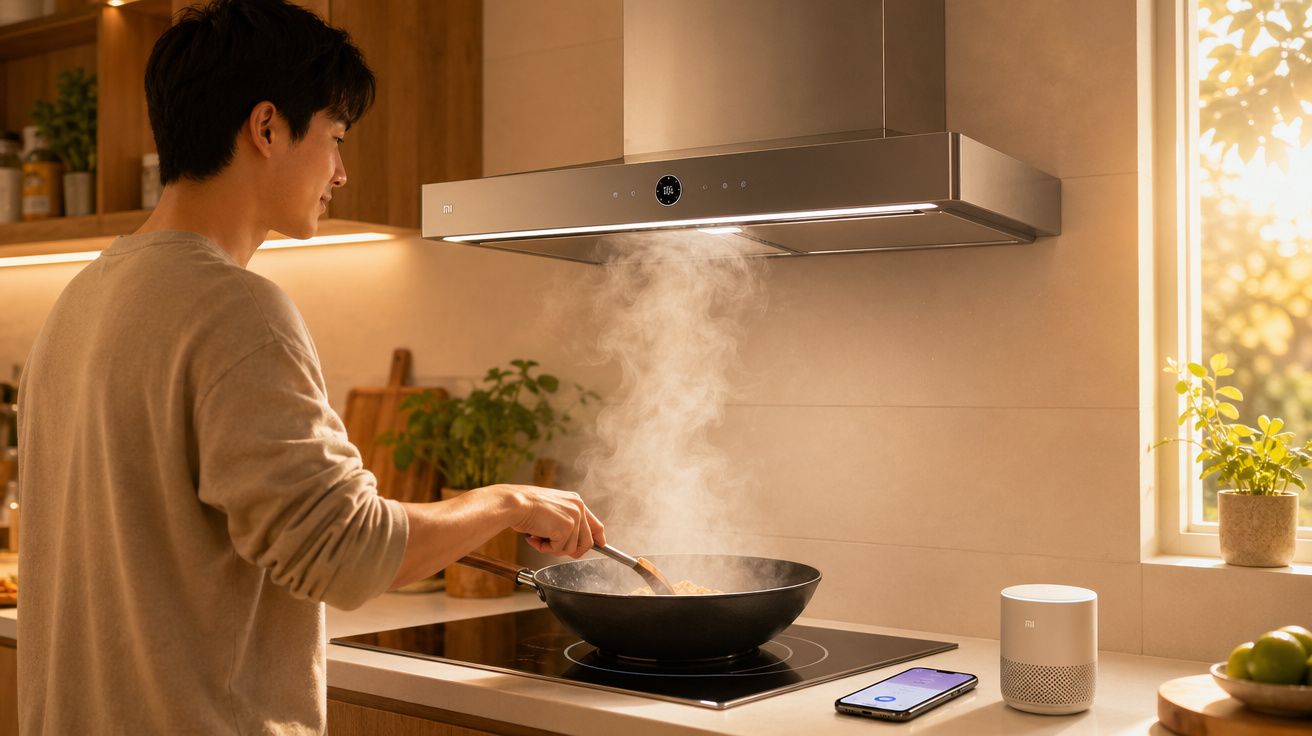 Homem cozinhando em cozinha moderna com coifa, smartphone e assistente virtual branco na bancada iluminada.
