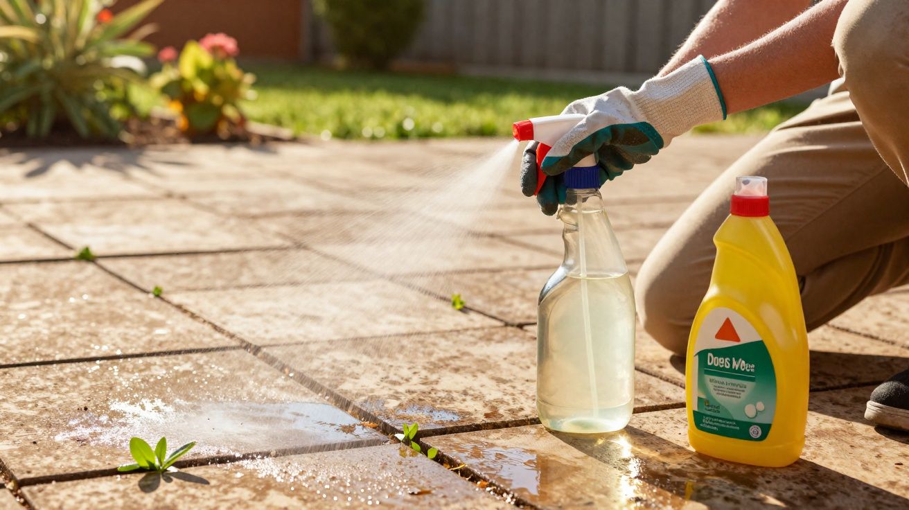 Pessoa usando luvas borrifando herbicida caseiro para eliminar plantas daninhas entre as pedras do chão.