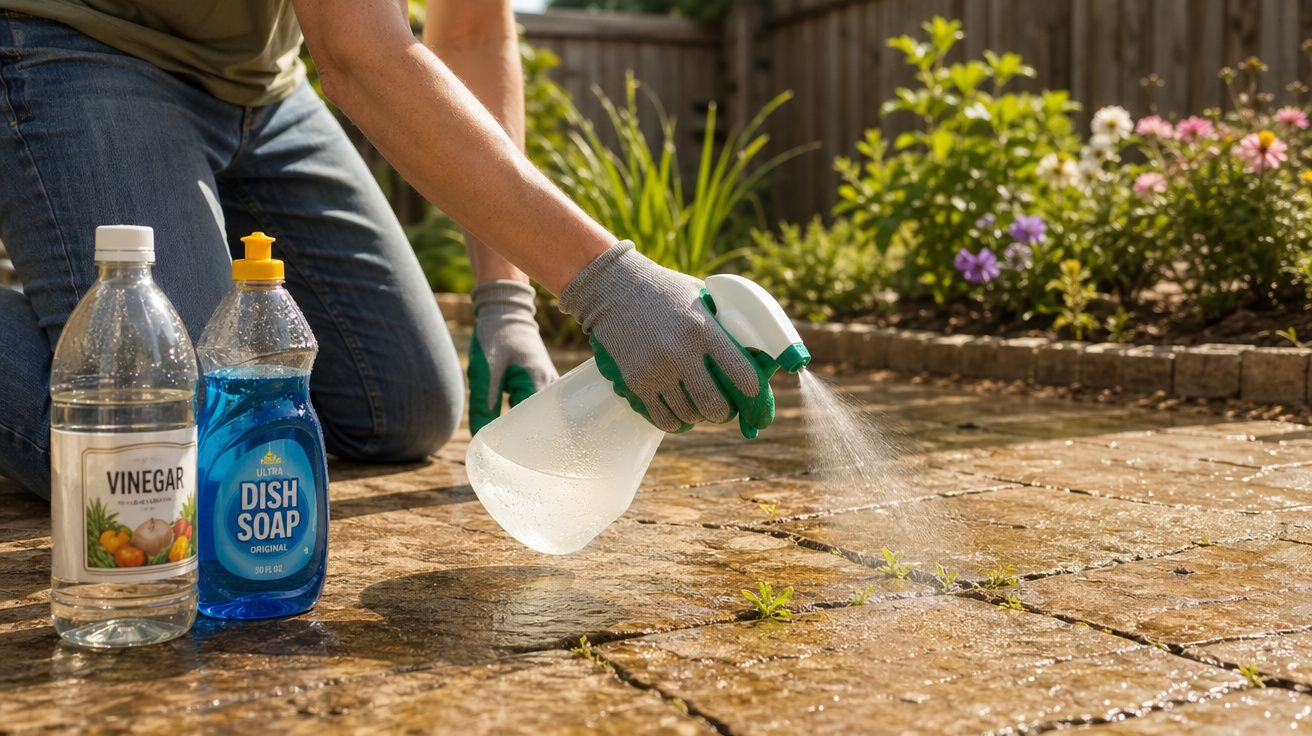 Pessoa aplicando solução de limpeza com spray em pedras do jardim, com vinagre e detergente ao lado.