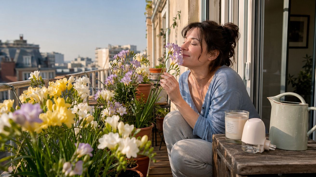 Mulher sentada em varanda ensolarada cheirando flores em vasos com regador e vela sobre mesa de madeira.