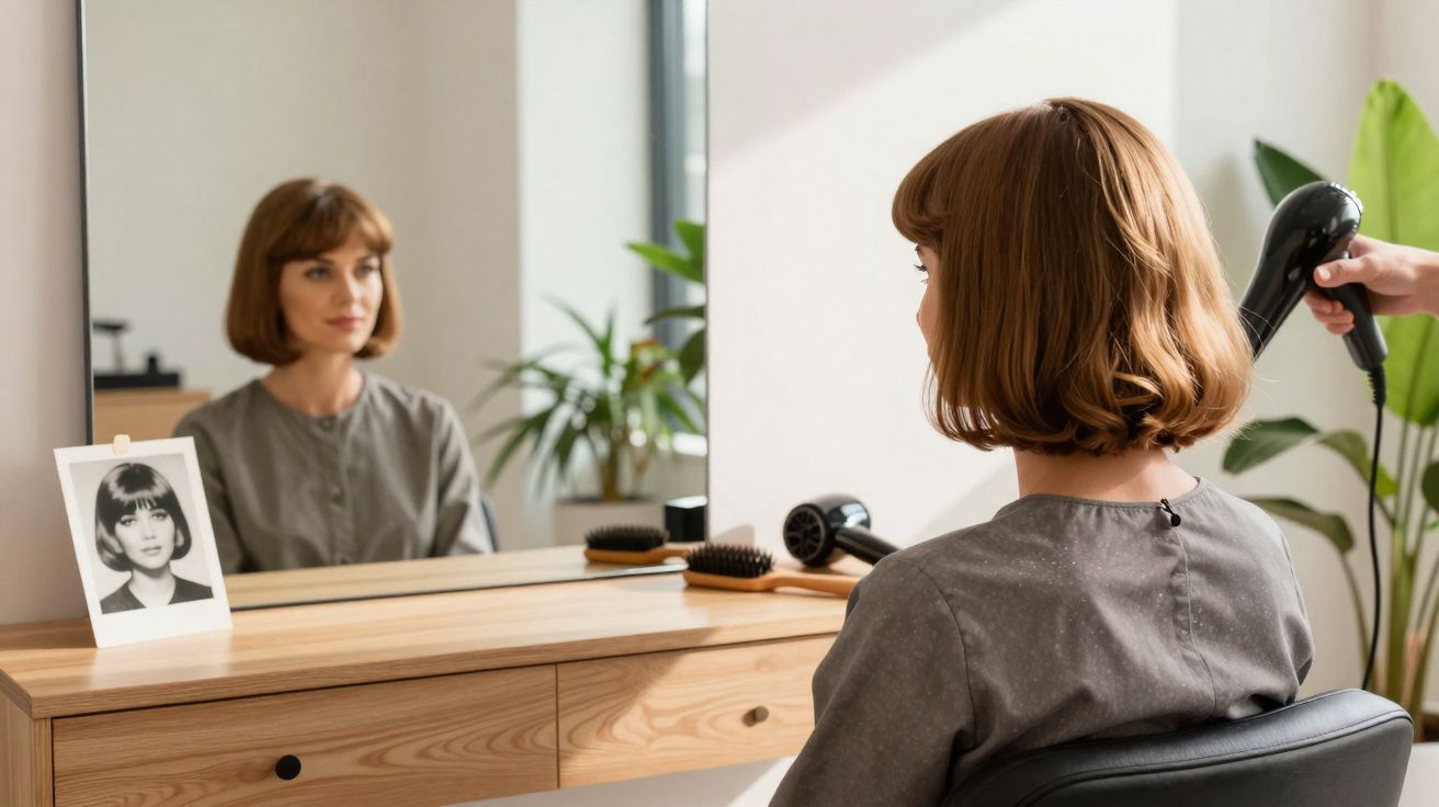 Mulher sentada em cadeira diante de espelho, com cabelo curto sendo secado por um secador.