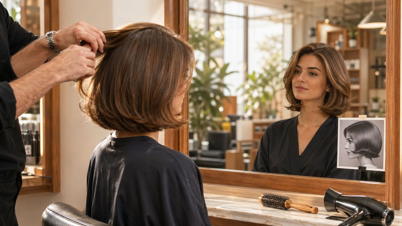 Mulher com corte de cabelo curto sentada em salão enquanto cabeleireiro arruma seu cabelo na frente do espelho.