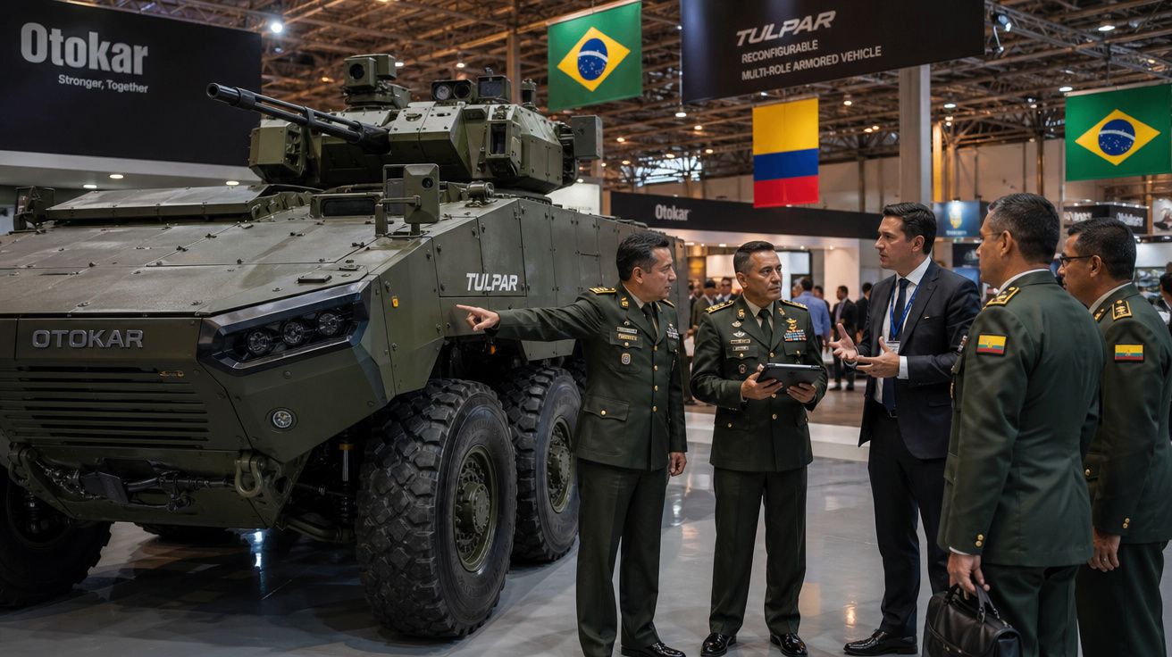 Militares e executivo conversam ao lado de veículo blindado Tulpar em exposição com bandeiras do Brasil e Colômbia.