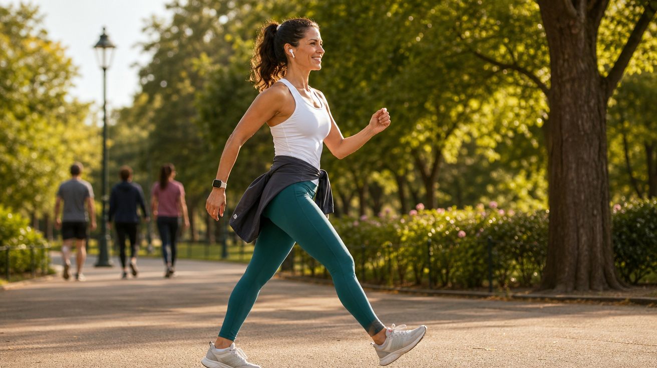 Mulher sorridente caminhando energicamente em parque ensolarado com fones de ouvido e roupa esportiva.