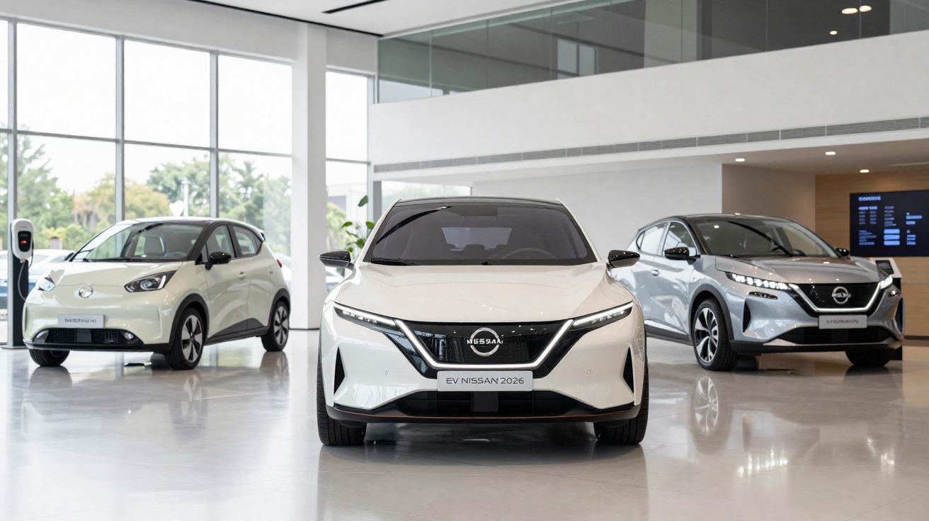 Três carros elétricos Nissan expostos em showroom moderno, com destaque para o modelo EV Nissan 2026 branco ao centro.