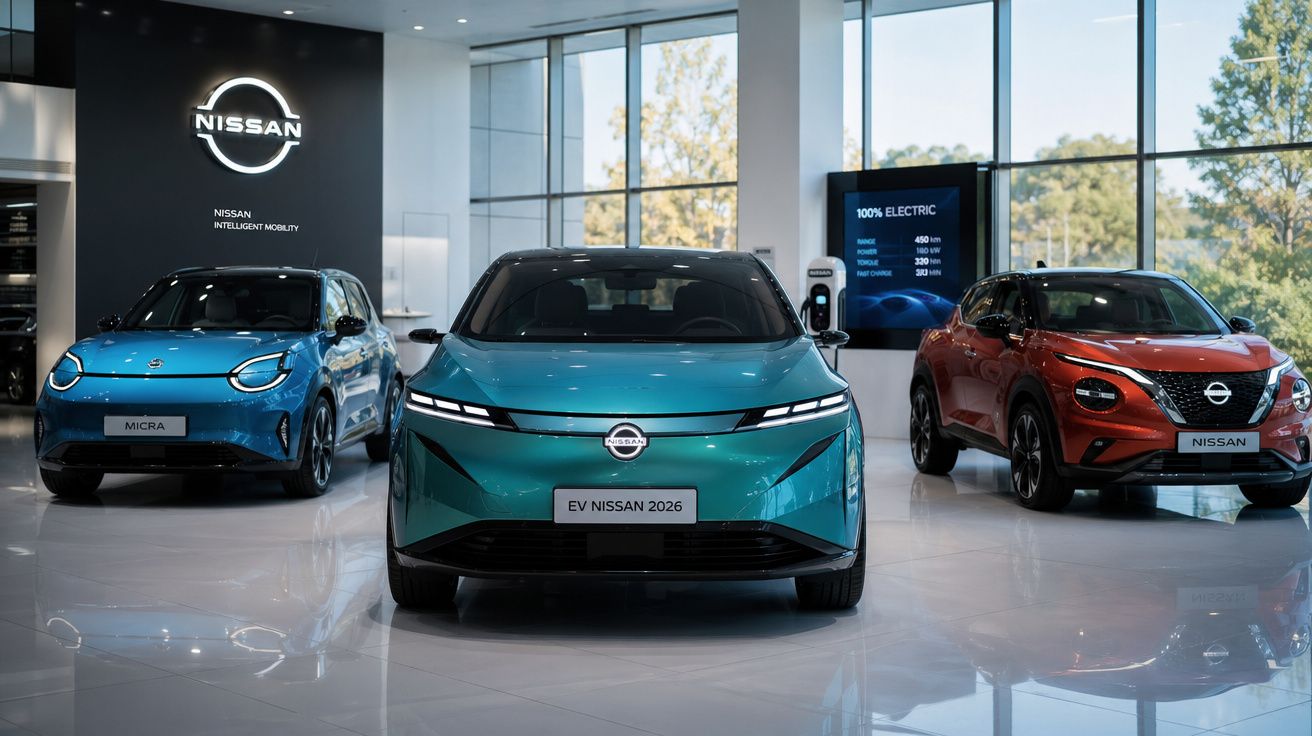 Três carros elétricos Nissan em exposição na concessionária, com destaque para o modelo EV Nissan 2026 azul no centro.