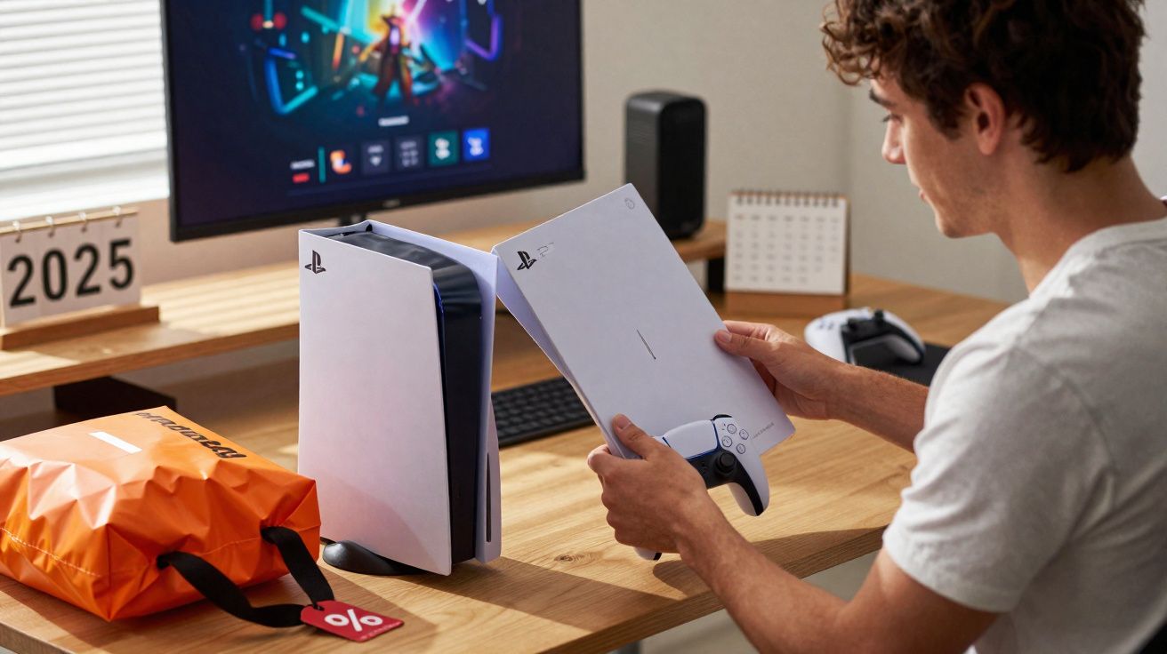 Jovem sentado à mesa segurando console PlayStation 5 com controle, TV ao fundo e bolsa laranja na mesa.