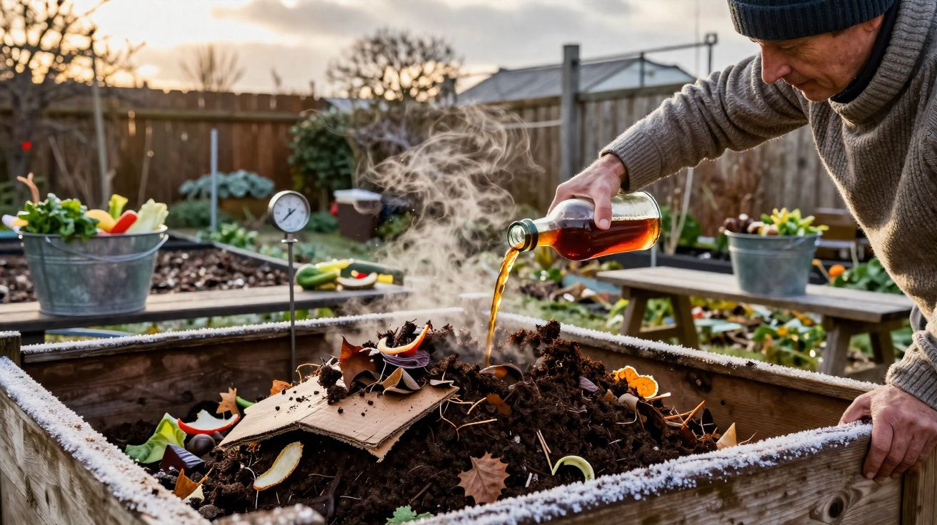 Pessoa adiciona líquido em composteira de madeira com restos orgânicos e folhas secas no jardim ao anoitecer.