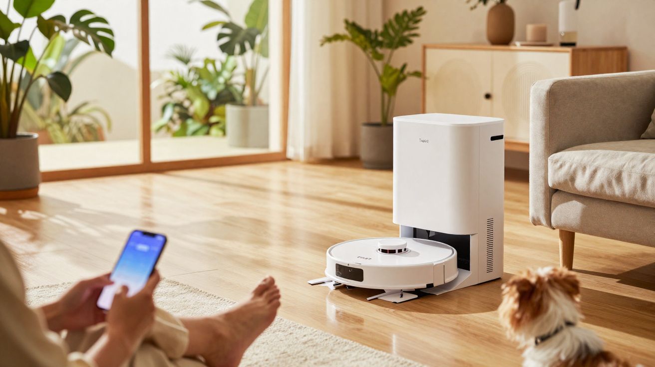 Aspirador robô branco no chão de sala com pessoa e cachorro observando, móveis e plantas ao fundo.