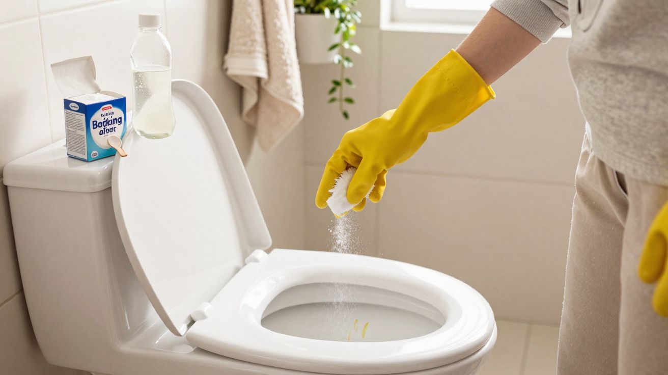 Pessoa usando luvas amarelas aplicando bicarbonato para limpar vaso sanitário em banheiro claro.