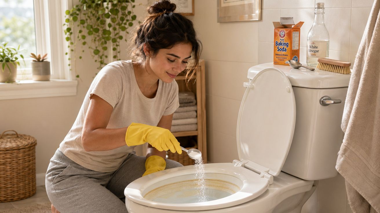Mulher com luvas amarelas limpando vaso sanitário com bicarbonato de sódio e vinagre.