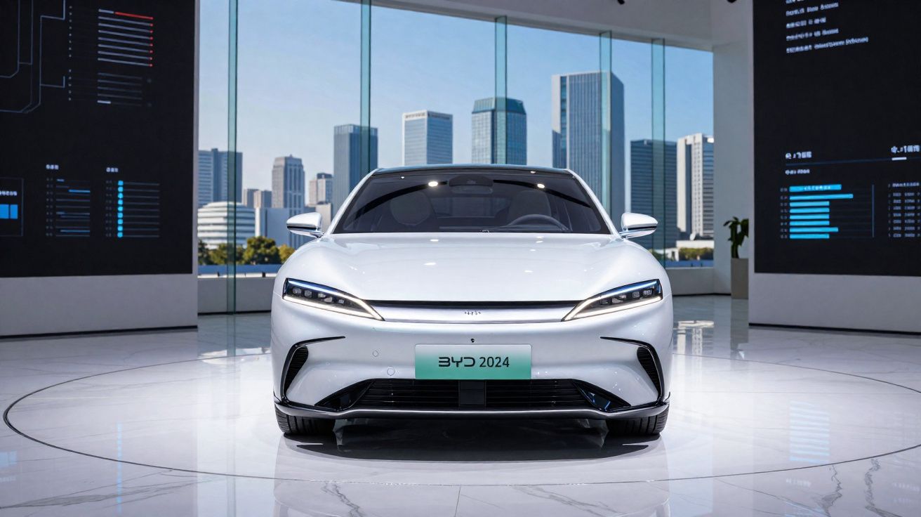 Carro elétrico branco BYD 2024 exibido em showroom moderno com janelas de vidro e vista para prédios altos.