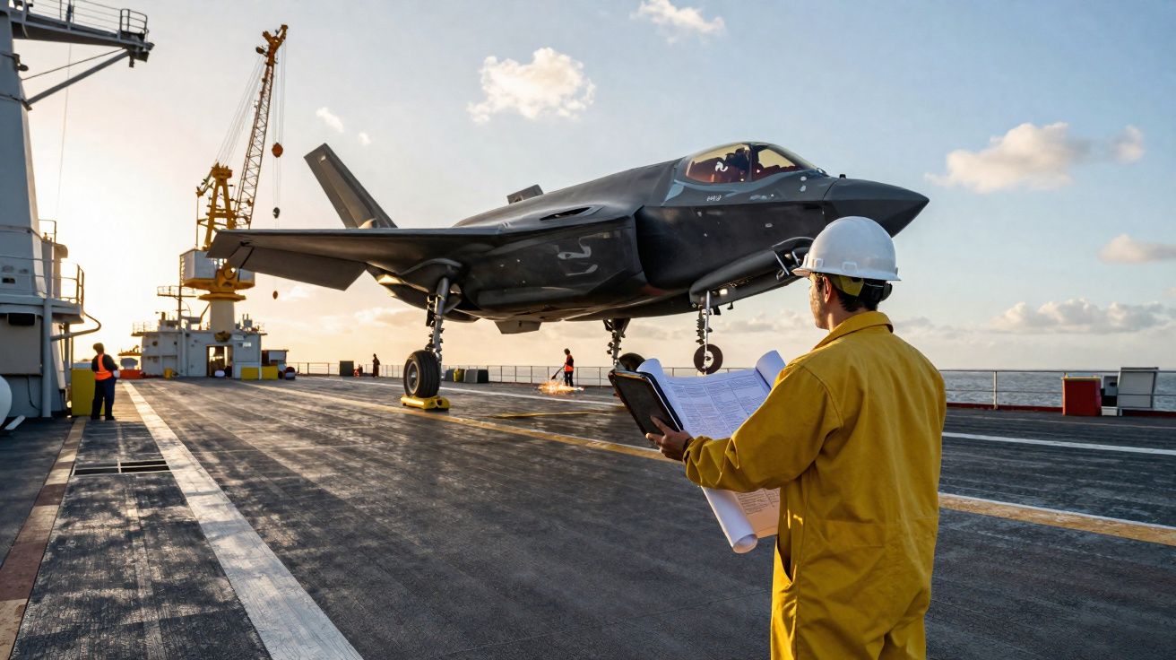 Homem com capacete branco e jaleco amarelo observa avião militar em convés de porta-aviões ao entardecer.