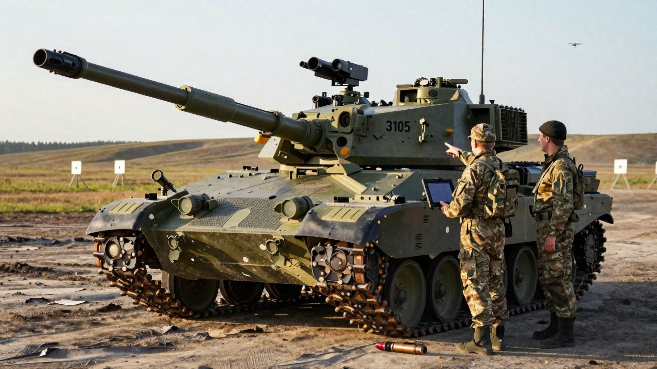 Tanque militar verde com dois soldados em uniforme camuflado e céu claro ao fundo em campo aberto.