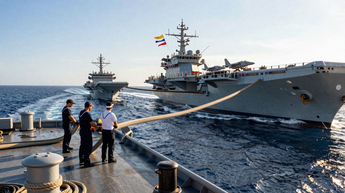 Três marinheiros em navio conectando cordas a dois porta-aviões próximos no mar durante o dia.