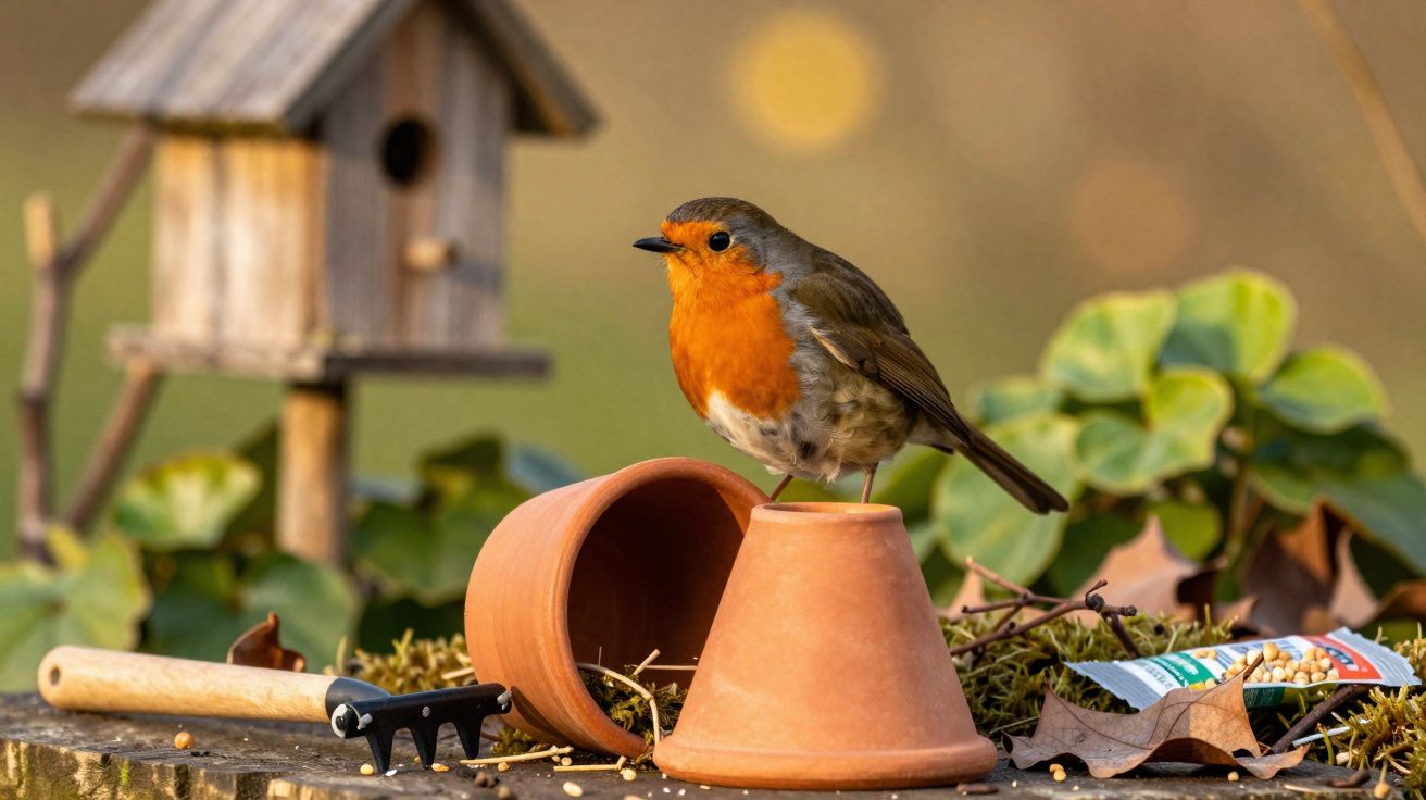 Pássaro de plumagem laranja e marrom sobre vasos de terracota em jardim com casinha de passarinho ao fundo.