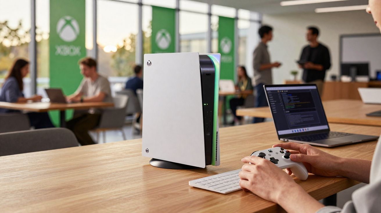Console Xbox Series S branco em mesa de madeira com controle nas mãos de uma pessoa em ambiente de escritório.