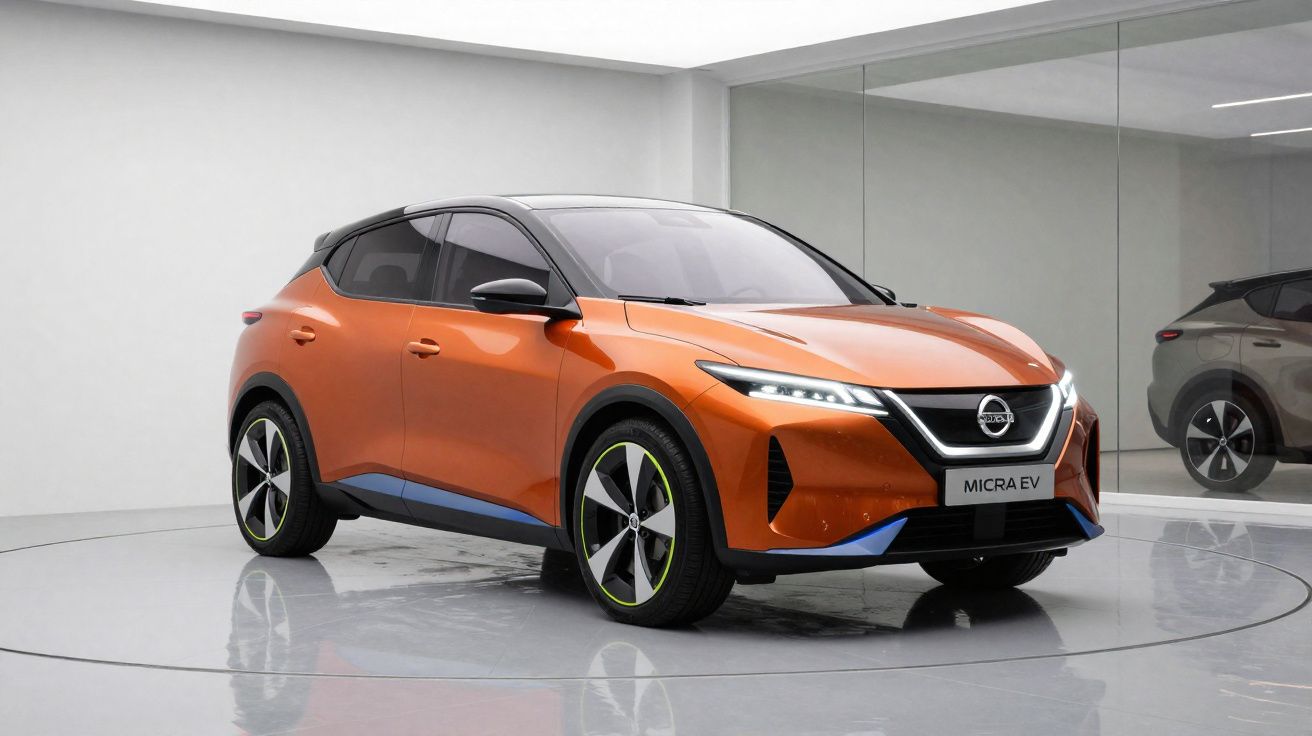 Nissan Micra EV laranja estacionado em ambiente fechado com paredes espelhadas.