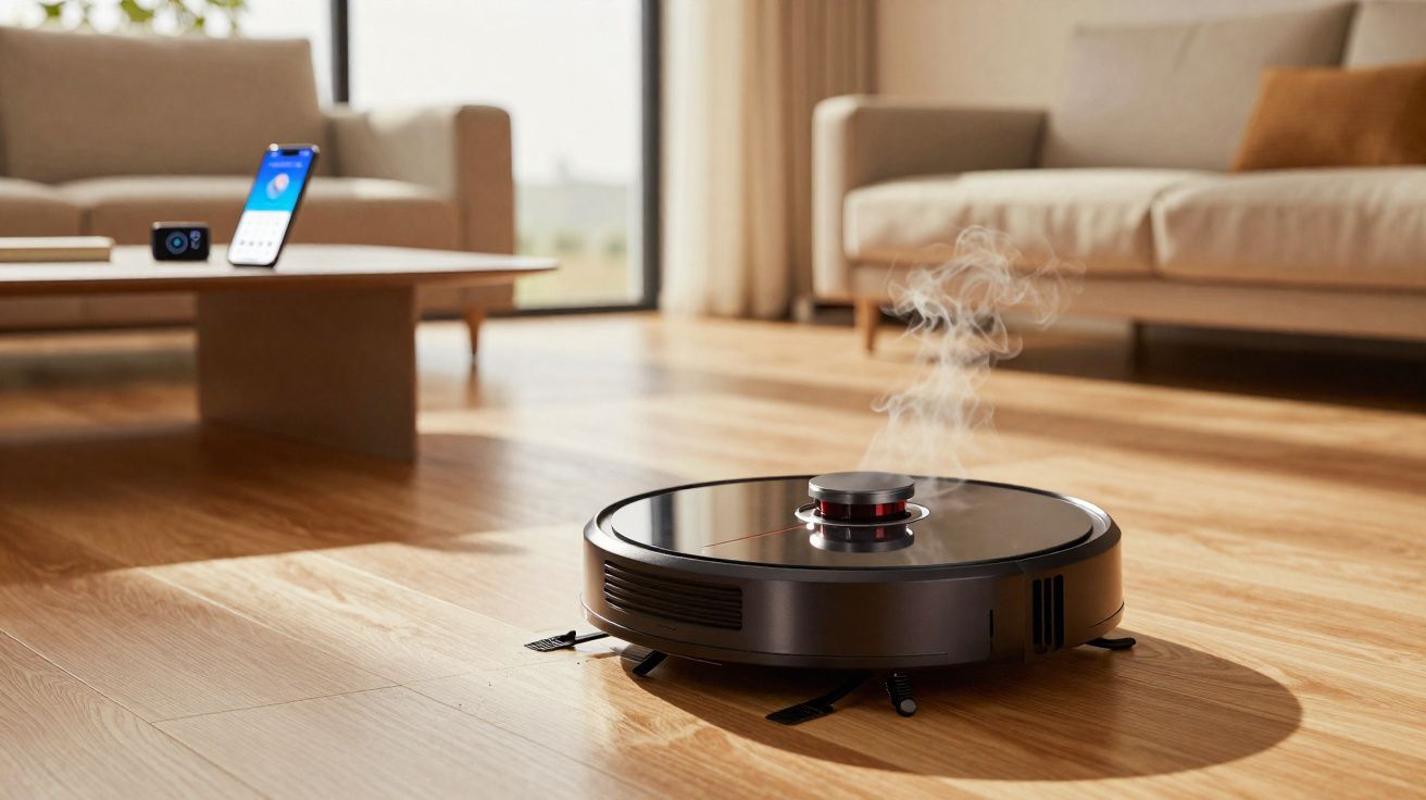 Robô aspirador preto emitindo vapor enquanto limpa piso de madeira em sala com sofá e mesa baixa ao fundo.