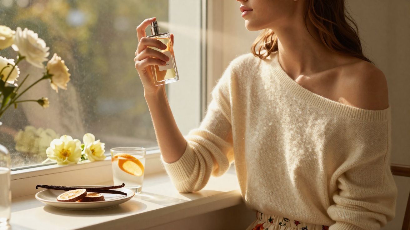 Mulher aplica perfume sentada perto de janela com flores e bebida ao sol da manhã.