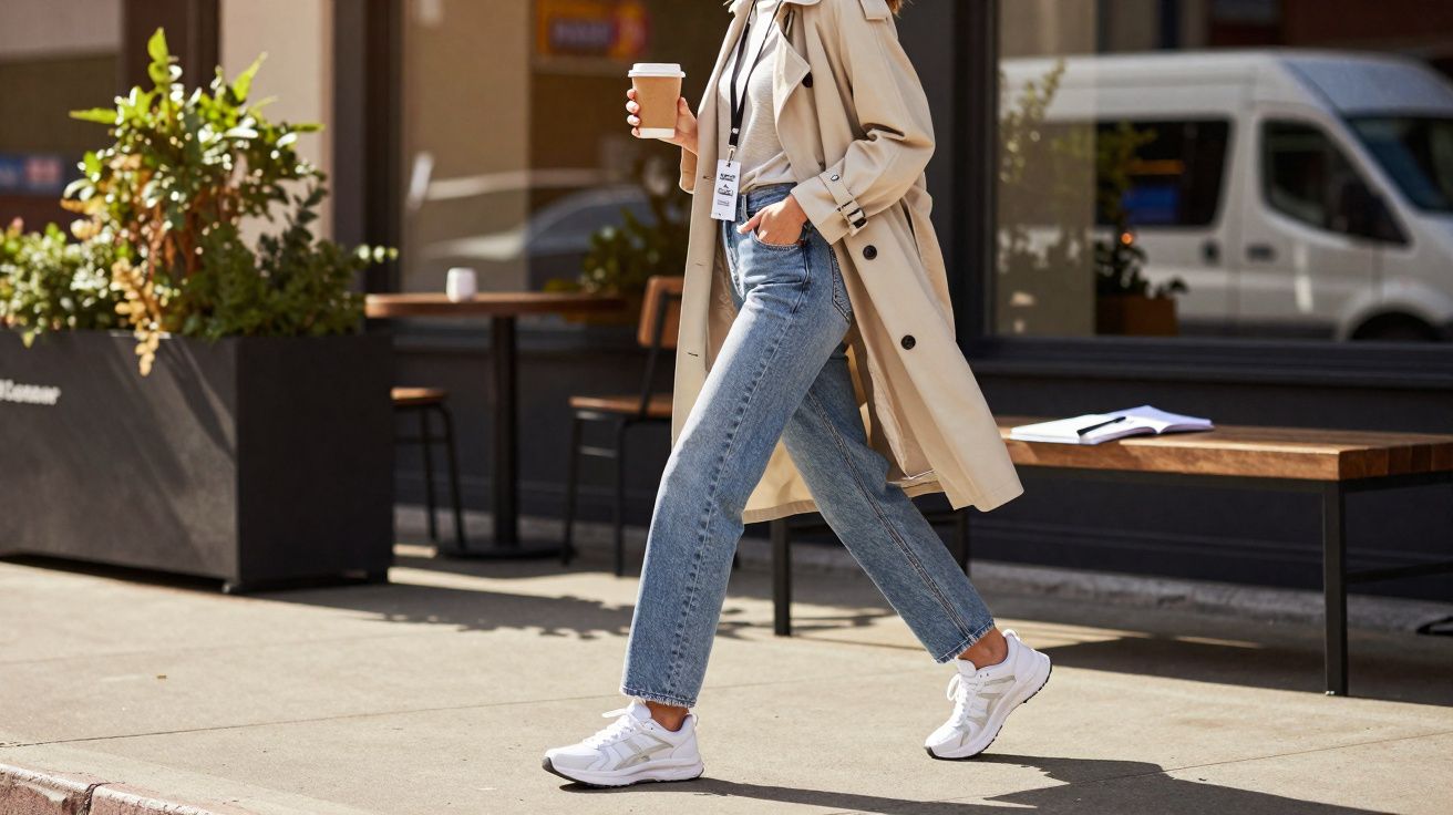 Pessoa caminhando na calçada com trench coat bege, jeans e tênis brancos, segurando copo de café.