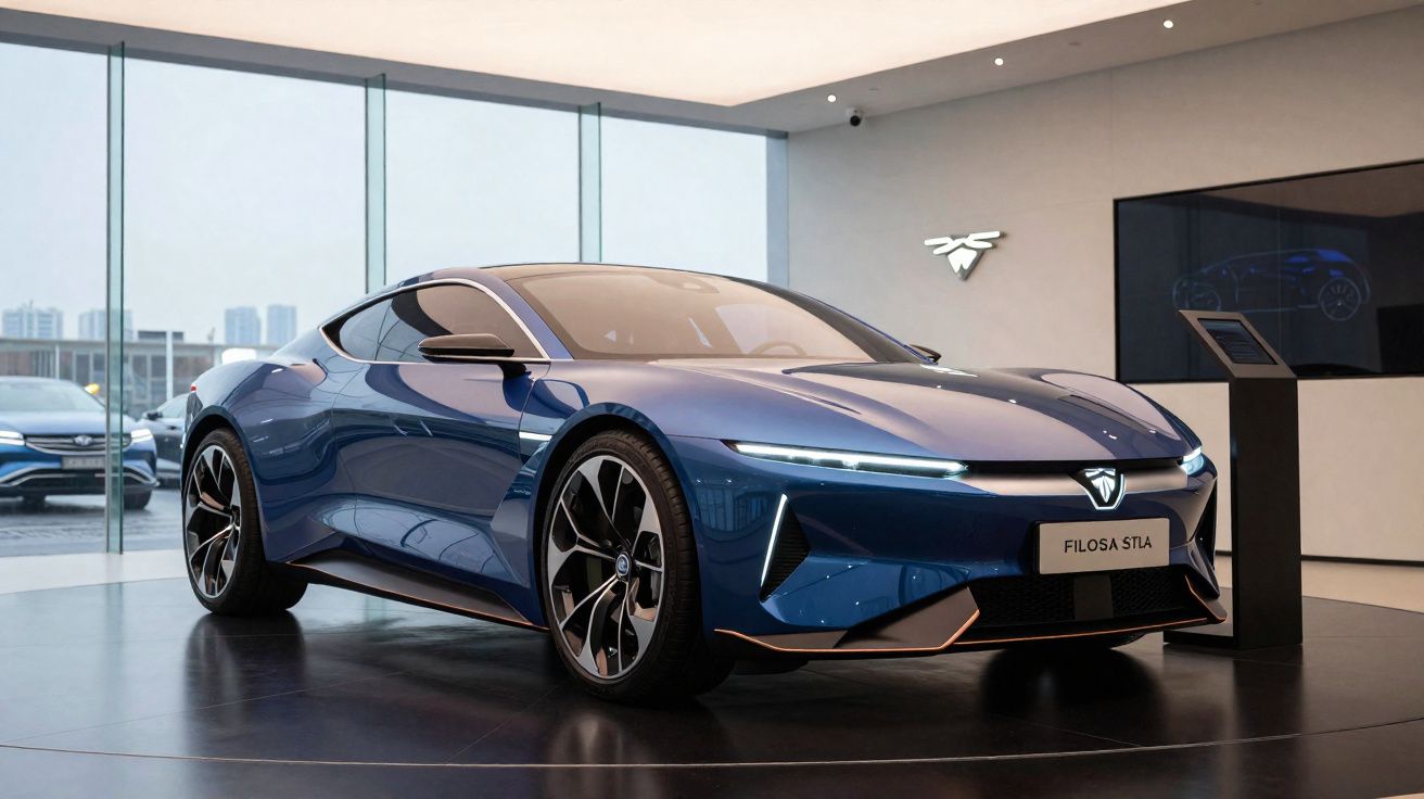 Carro esportivo azul elétrico modelo Filosa Stla em showroom moderno com paredes de vidro.