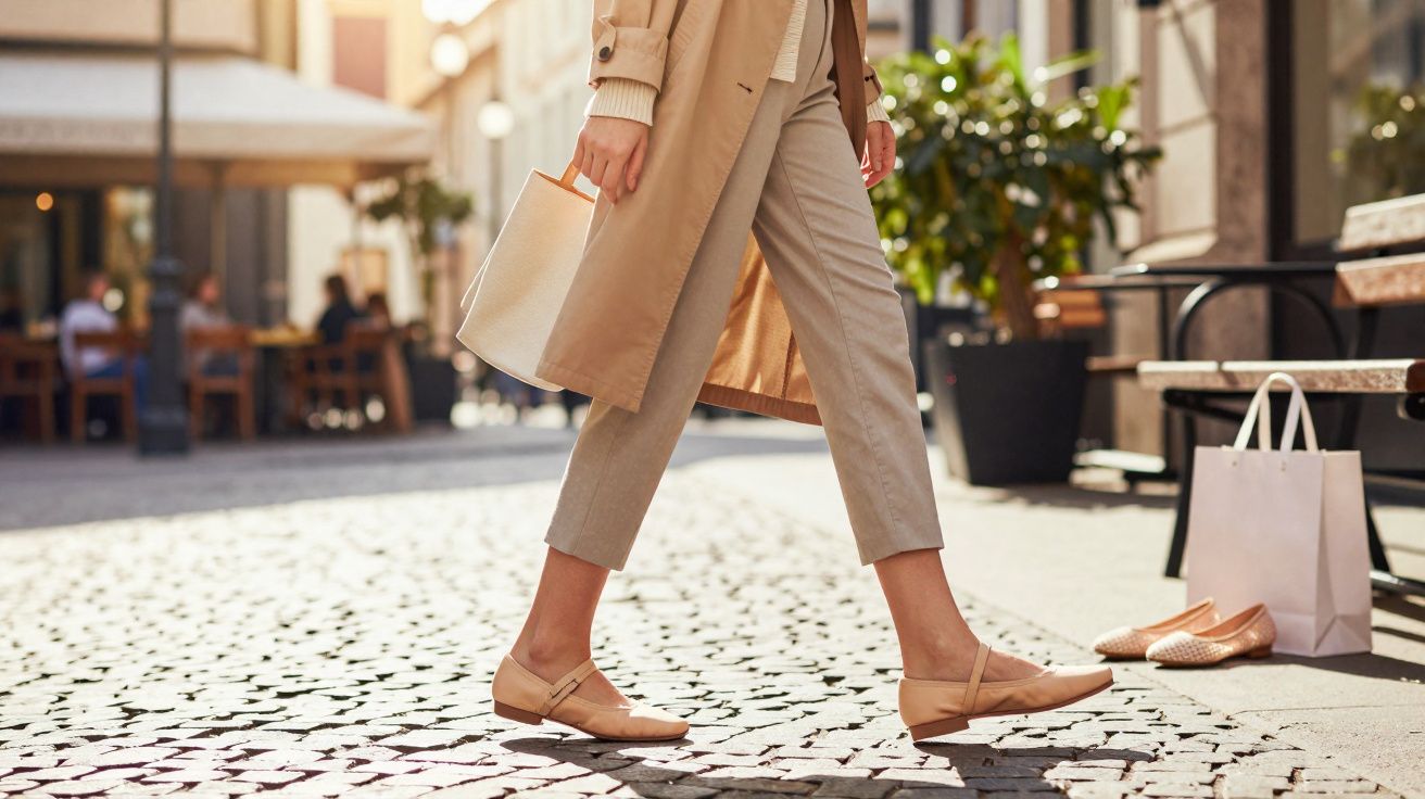 Pessoa caminhando em rua de paralelepípedo com calça clara, casaco bege e sacola de compras.