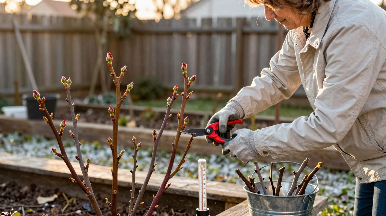 Pessoa podando galhos de planta em jardim com tesoura de poda e balde metálico ao lado.