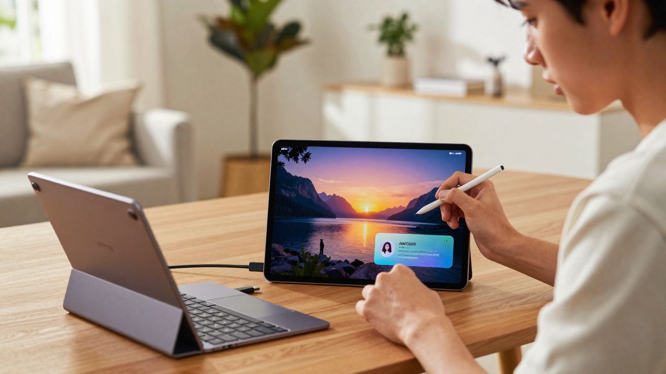 Pessoa usando caneta digital para assinar documento em tablet com pôr do sol na tela, ao lado de laptop fechado.