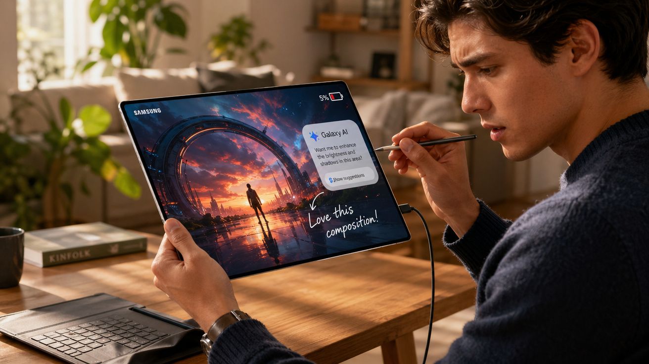 Homem usando caneta digital para editar imagem em tablet Samsung Galaxy em ambiente interno iluminado.