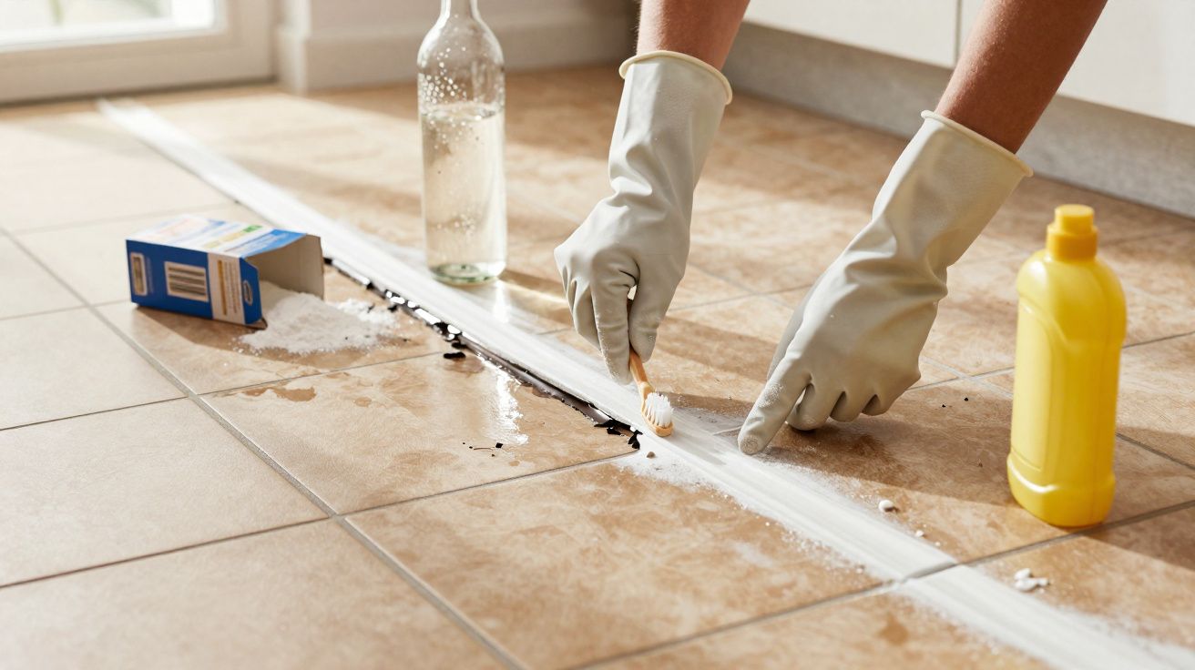 Pessoa usando luvas aplicando massa branca entre rejuntes de piso com escova de dentes.