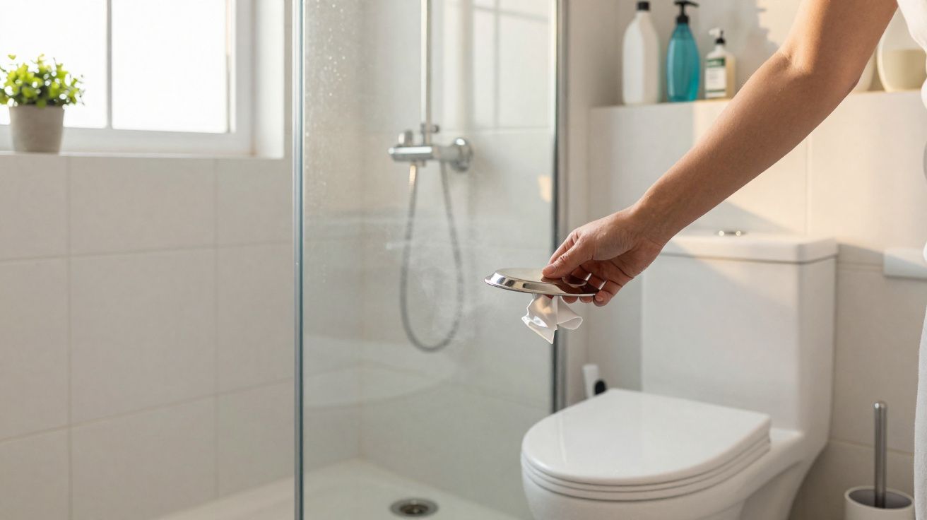 Pessoa descartando papel em lixeira pequena dentro de banheiro com vaso sanitário e box de vidro.