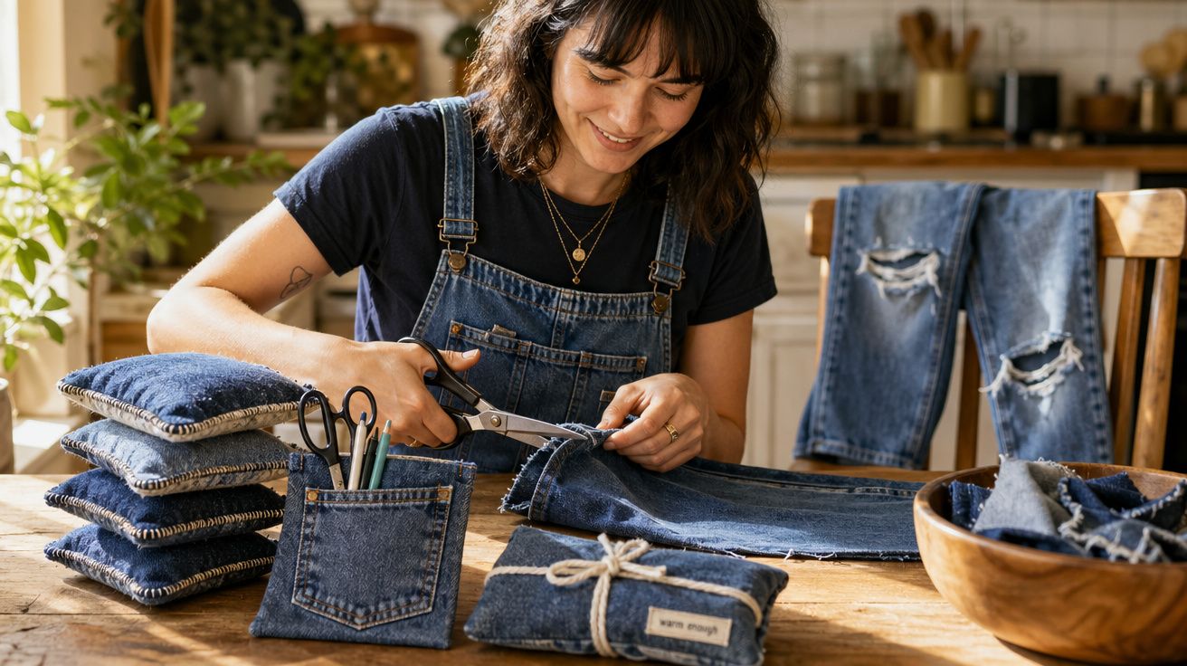 Mulher sorridente cortando tecido jeans artesanalmente em mesa com itens feitos de jeans e roupas ao fundo.