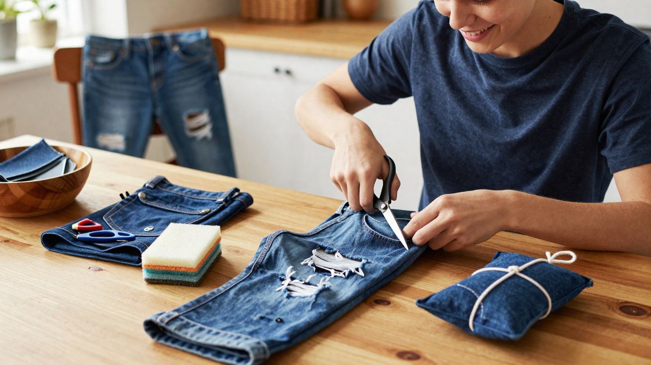 Pessoa cortando jeans com tesoura sobre mesa com tecidos e materiais de costura ao redor.