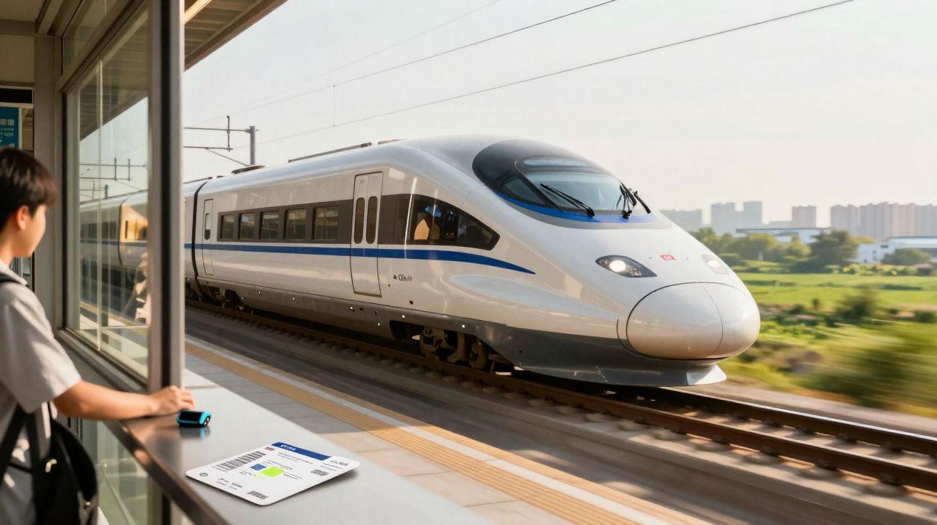Pessoa observa trem-bala branco passando em plataforma de estação com bilhete sobre o balcão.
