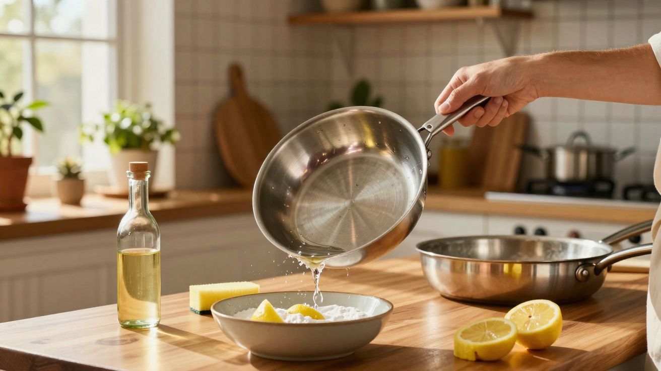 Pessoa despejando líquido de panela em tigela com ingredientes em cozinha iluminada.