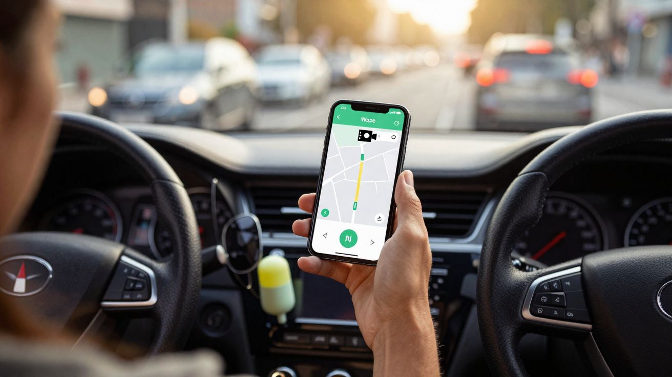 Pessoa segurando celular com aplicativo de navegação Waze dentro de carro em trânsito.