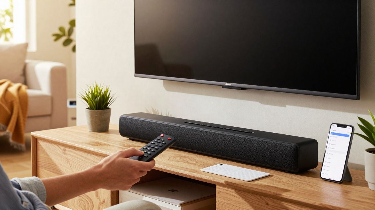 Pessoa segurando controle remoto apontado para soundbar em rack de madeira com televisão e celular.