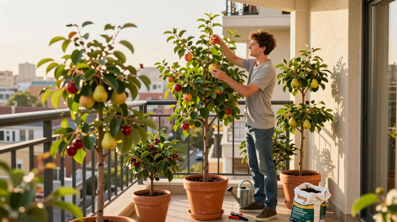 Jovem colhendo frutas de árvores em vasos no terraço de um apartamento ao pôr do sol.