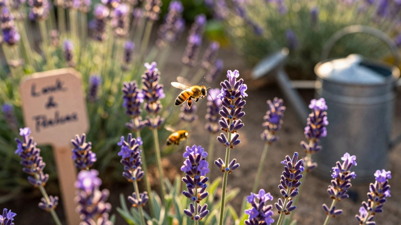 Abelhas voando entre flores roxas de lavanda em jardim com regador ao fundo.