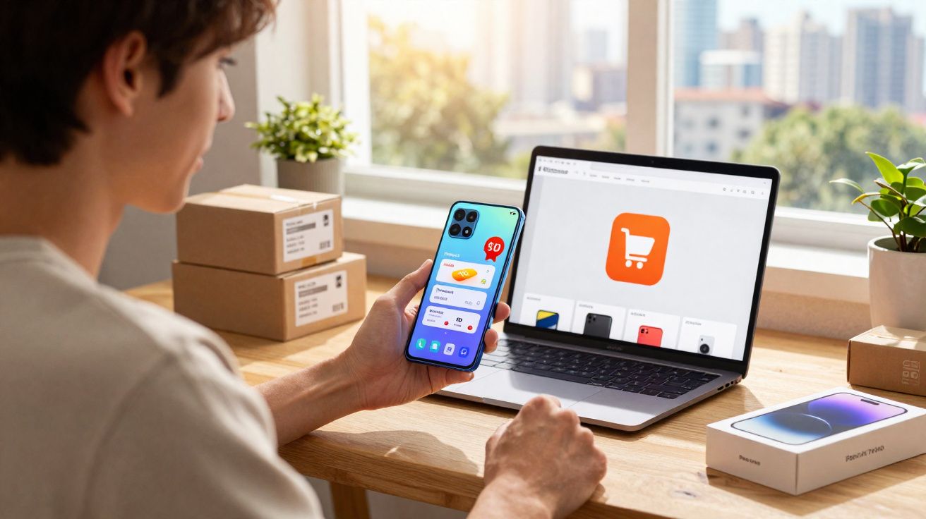 Pessoa usando smartphone e laptop para compras online em mesa com caixas e planta em ambiente iluminado.