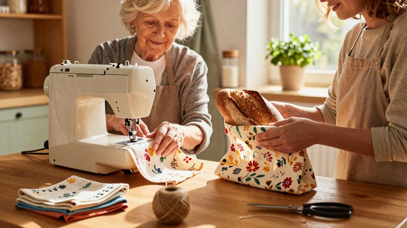 Duas mulheres, uma idosa e outra jovem, costuram e utilizam sacola de tecido com estampa floral para pão.