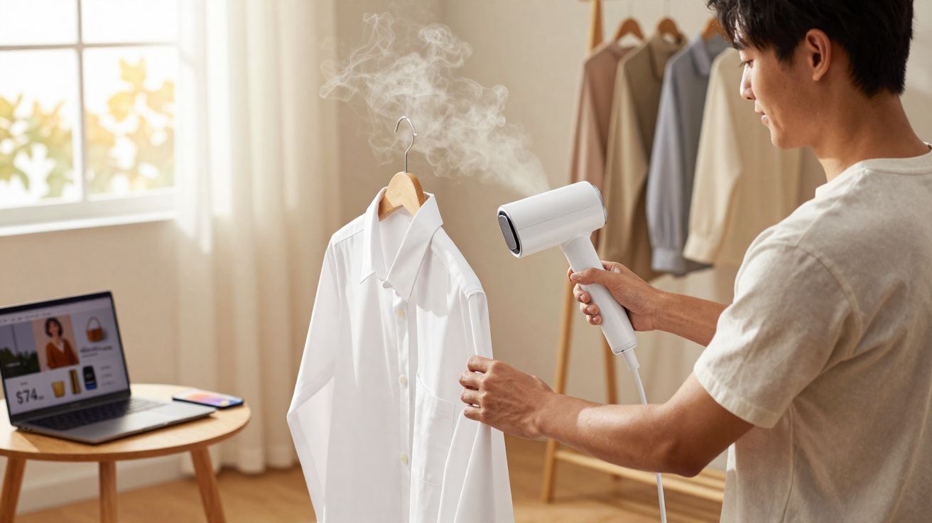 Homem usando vaporizador para desamassar uma camisa branca pendurada em cabide dentro de casa.