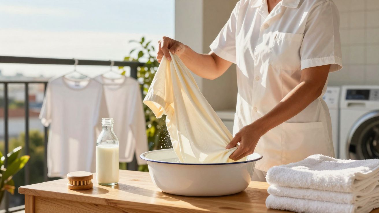 Pessoa lavando roupa branca à mão em bacia, com toalhas dobradas e roupa pendurada ao fundo.